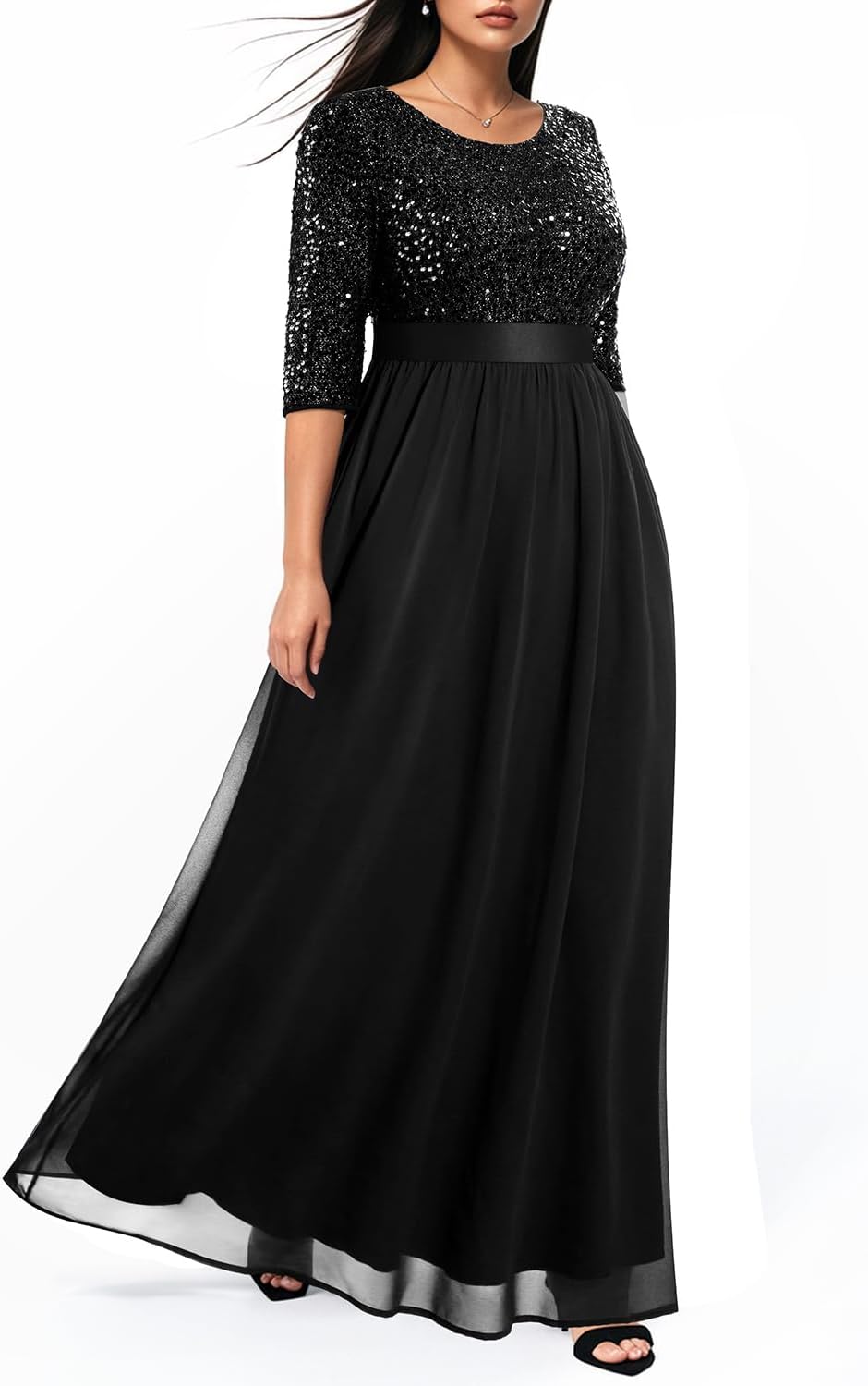 Women's Plus Size Lace Chffon Long Maxi 3/4 Sleeve V-Back Formal Dress - Image 4