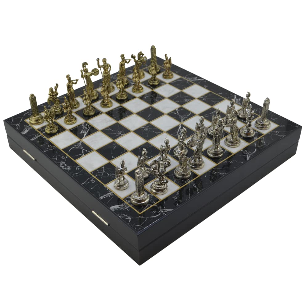 GiftHome Orta Boy Metal Yunan Satranç Takımı Parlak ve Mermer Desenli Sandıklı MDF Tahtası (36x36x6 cm.)