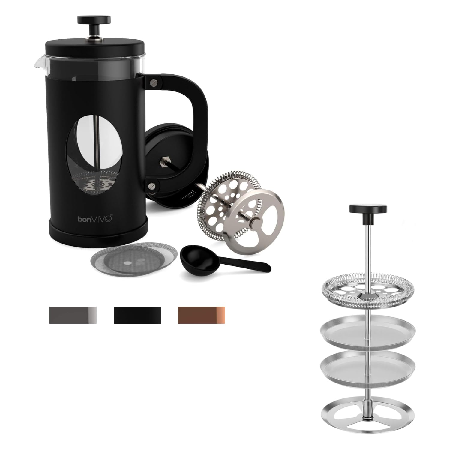 bonVIVO French Press 8 Tazze Nera con Set Filtri di Ricambio Inox - Caffettiera a Stantuffo per Caffè, Tè, Infusi e Cold Brew