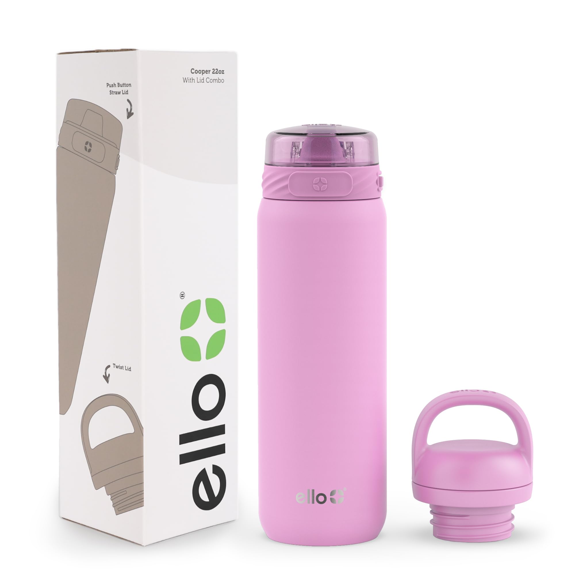 Ello Cooper - Borraccia in acciaio inox con 2 coperchi e cannuccia, a prova di perdite, a doppia parete e isolamento sottovuoto, adatta per portabicchieri da auto, con passante per il trasporto,