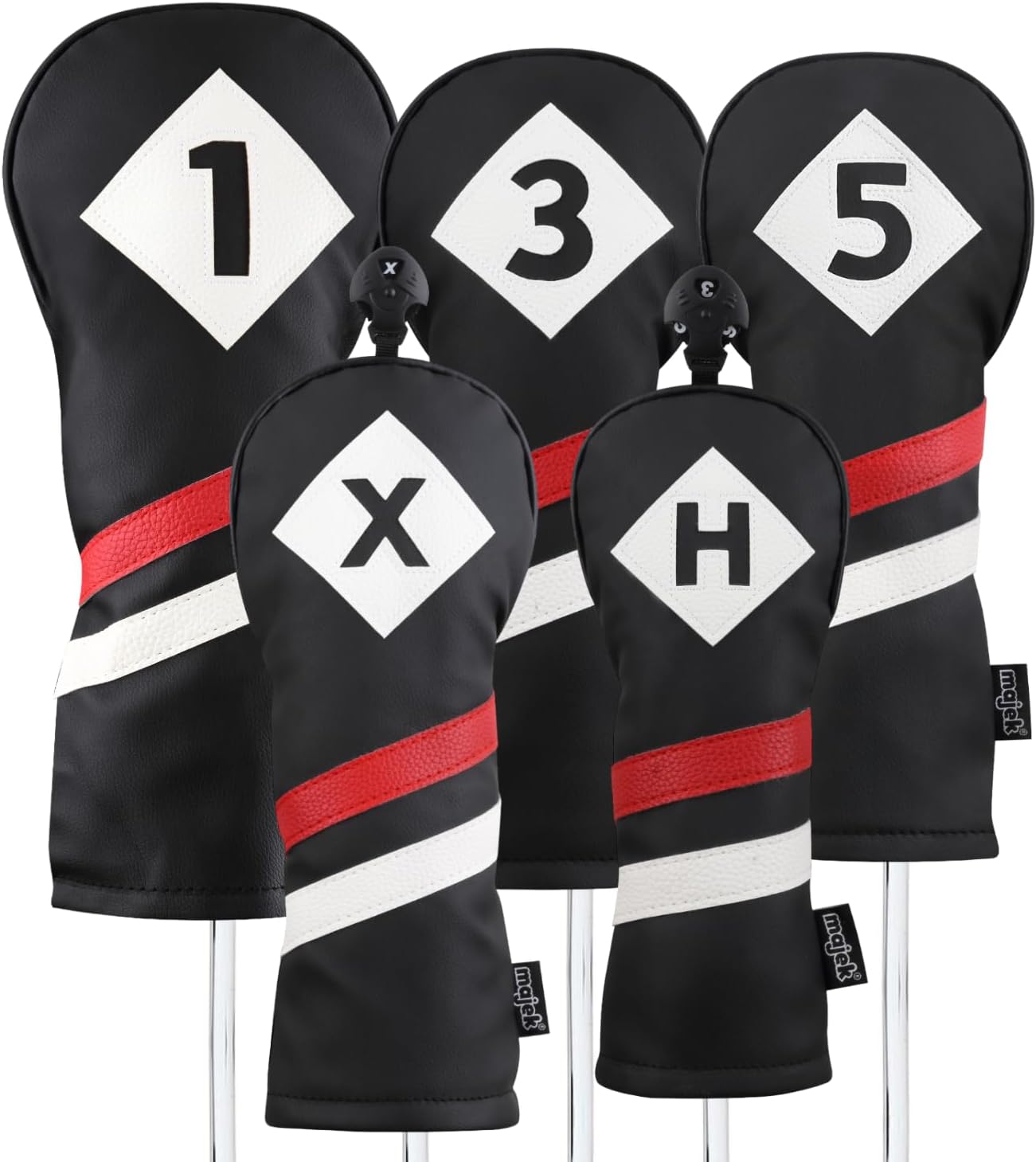 Retro Golf Headcovers Black Red and White Vintage Leather Style 1 3 5 X H Driver Fairway and Hybrid Head Covers Fits 460cc Drivers Classic Look
