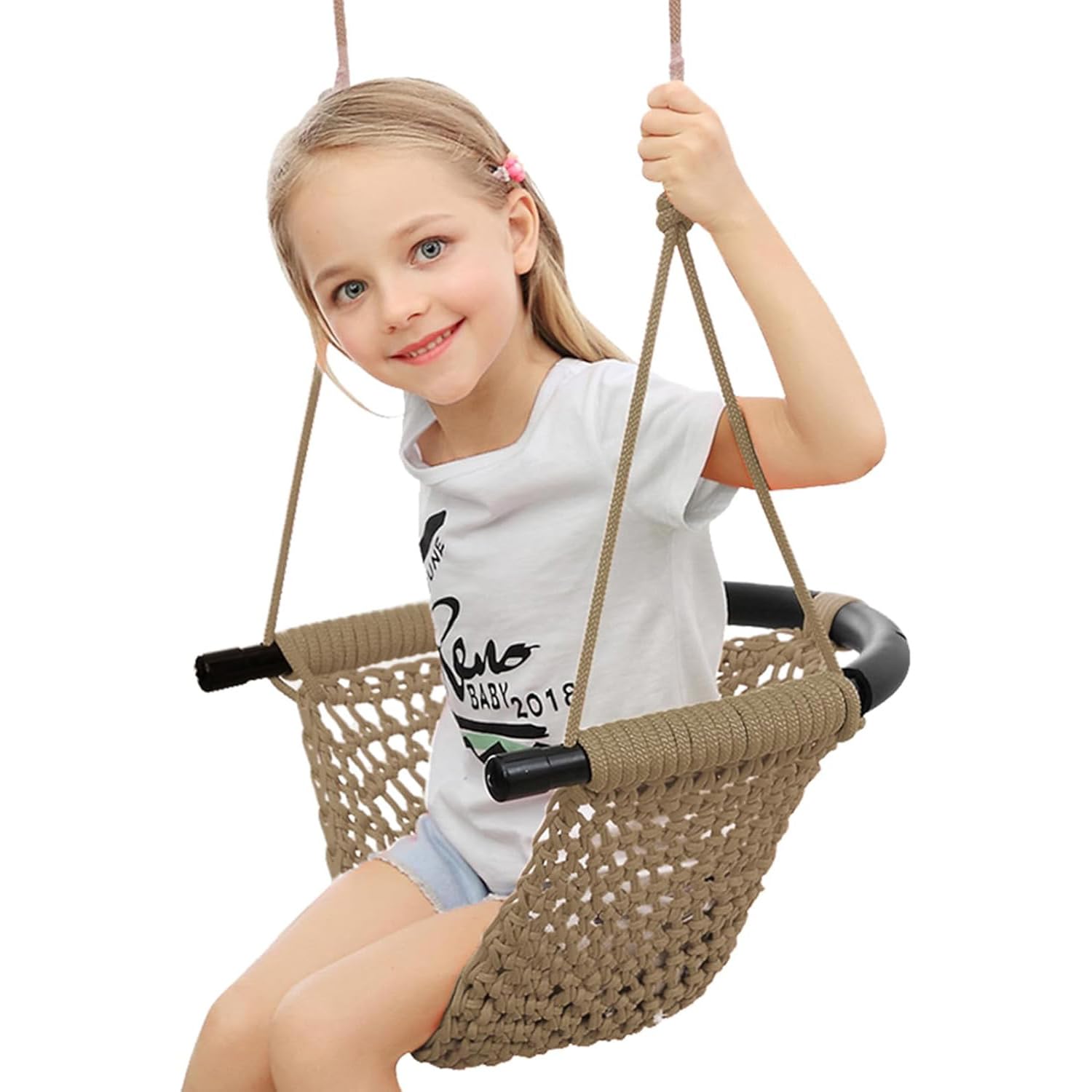 Kids Swing Seat With Adjustable Ropes, Hand-Knitting Child Swing Seat Great For Tree, Outdoor Indoor, Playground, Backyard (Khaki)