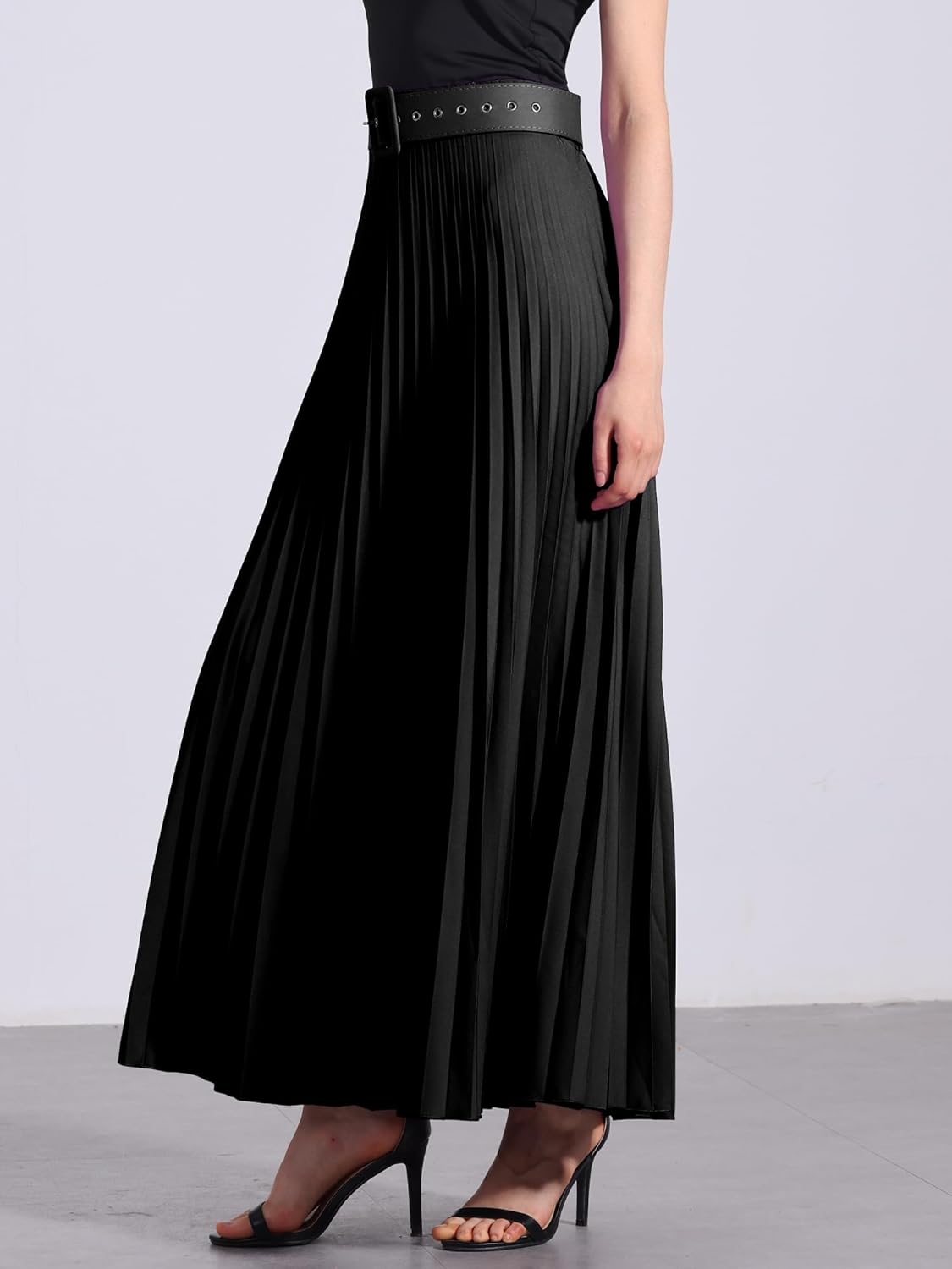 Allegra K Long Pleated Skirt for Women's Elastic High Waist with Belt Swing A-line Work Maxi Skirt - Image 3