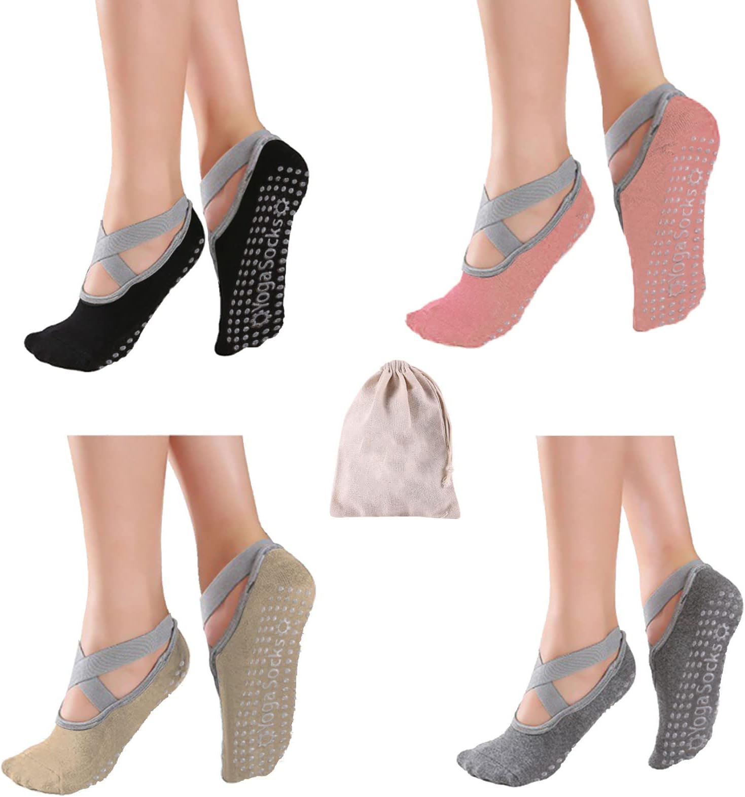TSHAOUN4 Pairs Non-Slip Yoga Socks, Pilates Socks for Women Cotton Dance Barre Ballet Socks, Gym Socks Fall Prevention Grip Socks for Home Workout, UK 4-6 | EUR 36-39