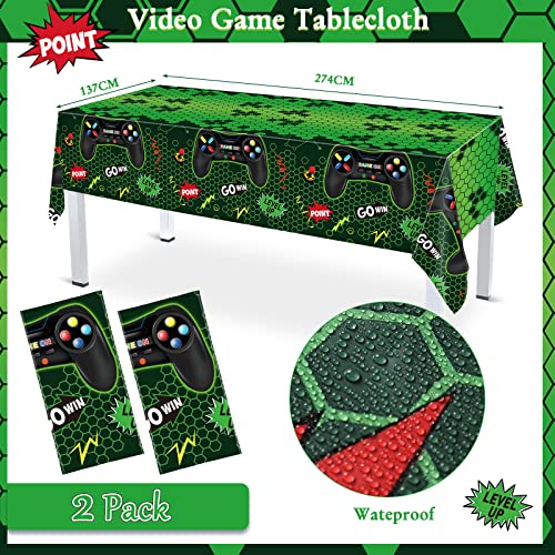 Tiamon 172 Pcs Video Game Party Decoration Set Happy Birthday Banner Gamer Supplies Plastic Tablecloth Paper Plates Tableware for Player Birthday Pack, Serving 24 Guests (Green)