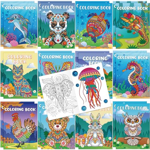Pasimy 144 Pcs Animals Coloring Books DIY Mandala Ocean Jungle Animal Coloring Book Mini Holiday Activity Supplies for Kids Adult Party Favors Gift Bags Filler Classroom Activity