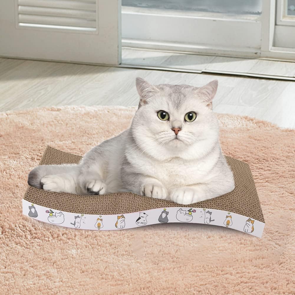 Cat Scratch Pad with Catnip, Double-Sided Durable Design Scratch Pad for Cats Cardboard Cat Scratching Pad Cat Scratcher Pad S Shape White cat Pattern