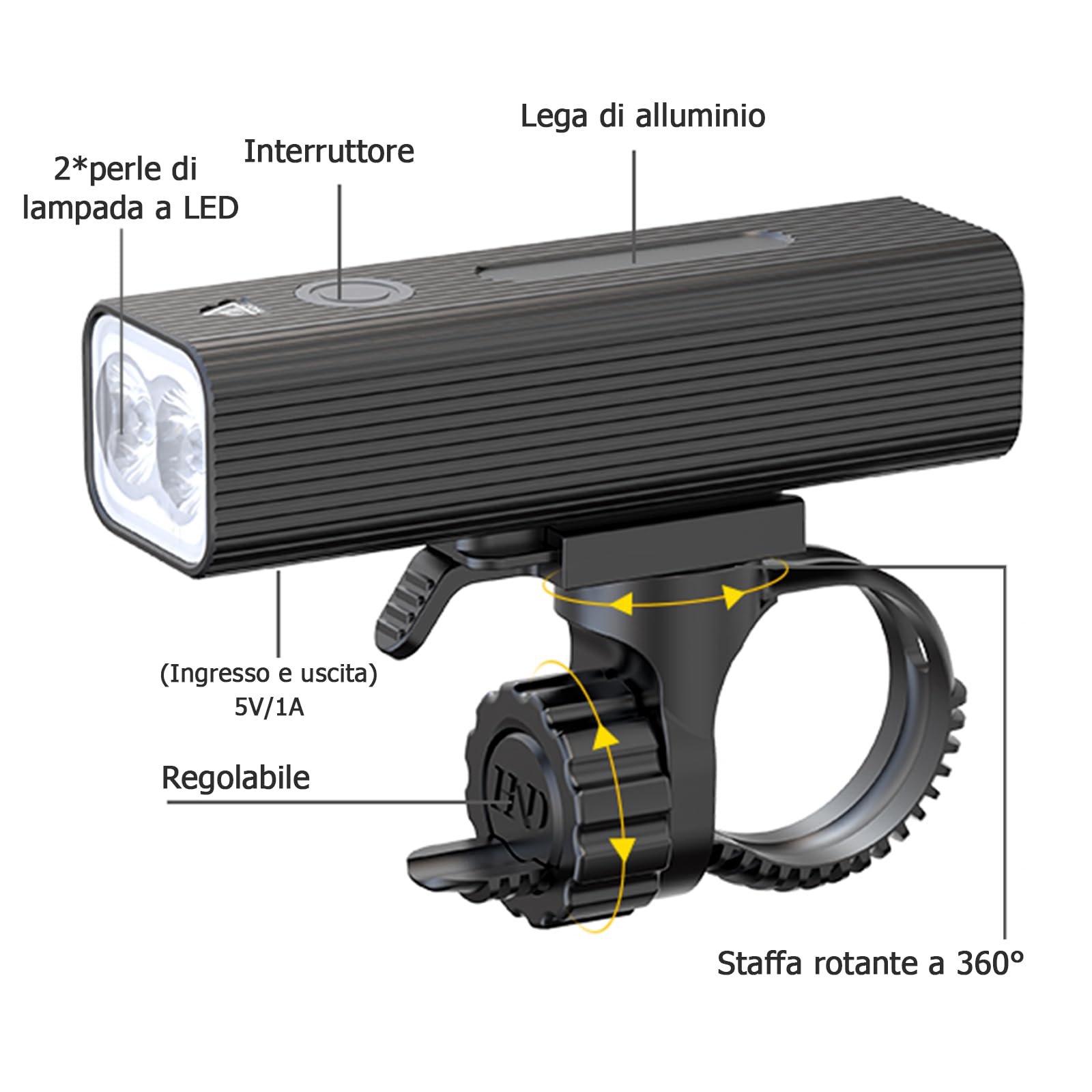 EBUYFIRE Set di luci per Bicicletta USB Ricaricabile, Faro e fanale Posteriore per Bicicletta Super Luminosi, 5 modalità di Illuminazione, Luce per Bici