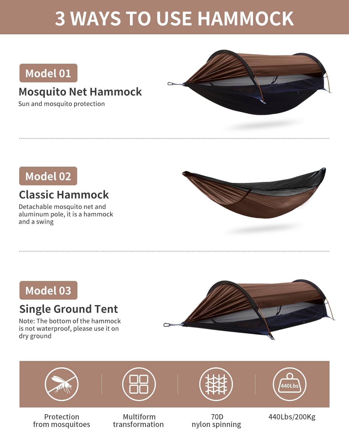 Hamac de Camping avec Moustiquaire et Pare-Soleil, 290 x 140 cm, Hamacs Suspendus Légers Multi-Modes avec Sangles d'arbre, Tente de Sol pour L'extérieur, La Randonnée et Le Camping