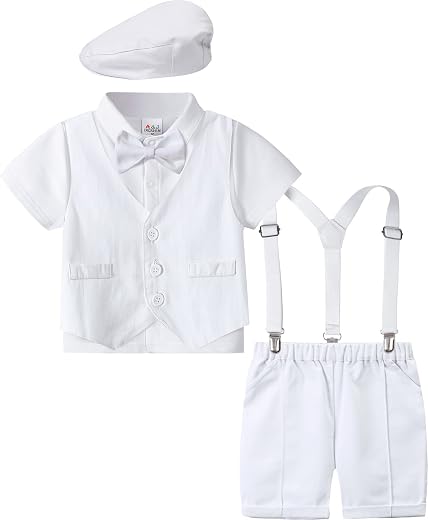A&amp;J DESIGN Baby Boys Outfits Set, 4pcs Gentleman Suit Shirt &amp; Shorts &amp; Vest &amp; Hat (18 Months-3 Years), White, 3T
