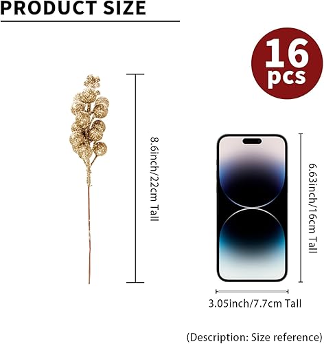 Miniatura 3 de 16 tallos de bayas artificiales con purpurina, púas de Navidad esmeriladas de 9 pulgadas, ramas de bayas de acebo con purpurina para rellenos de