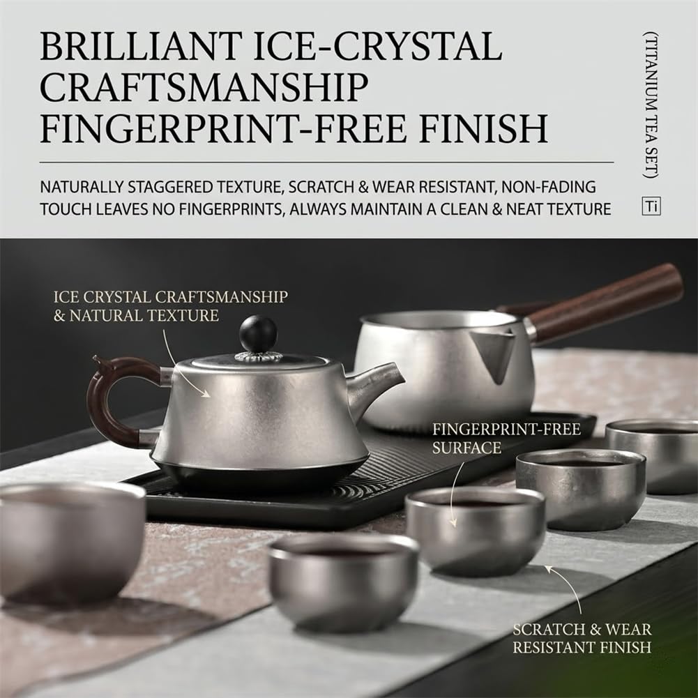 Reines Titan-Kaffee-Tee-Set, tragbare Reise-Teekanne, Hohle Tassen, fairer Krug, Tee-Ei, Sieb mit Griffetui