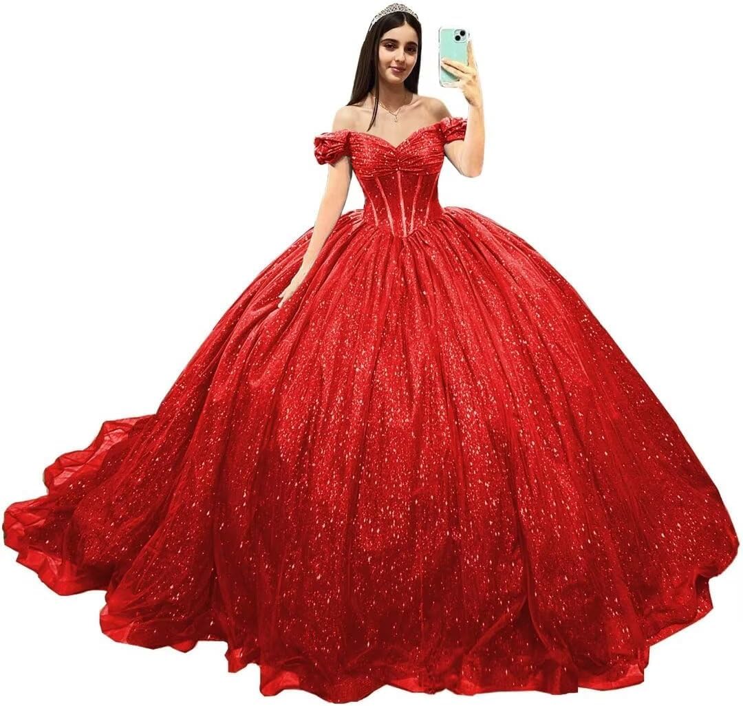 Fuomomo Off Shoulder Sparkly Tulle Quinceanera Dresses Puffy Pleated Prom Dresses Ball Gowns Sweet 16 Dresses with Train Red