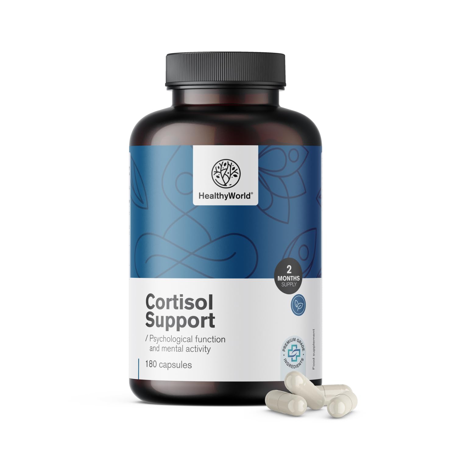 HealthyWorld Cortisol Support - 180 cápsulas - Ashwagandha, Rodiola, L-Teanina, Zinc, Pimienta Negra, Vitamina C1, B1, B5, B6 - Para el Equilibrio Hormonal - Fórmula Vegetariana