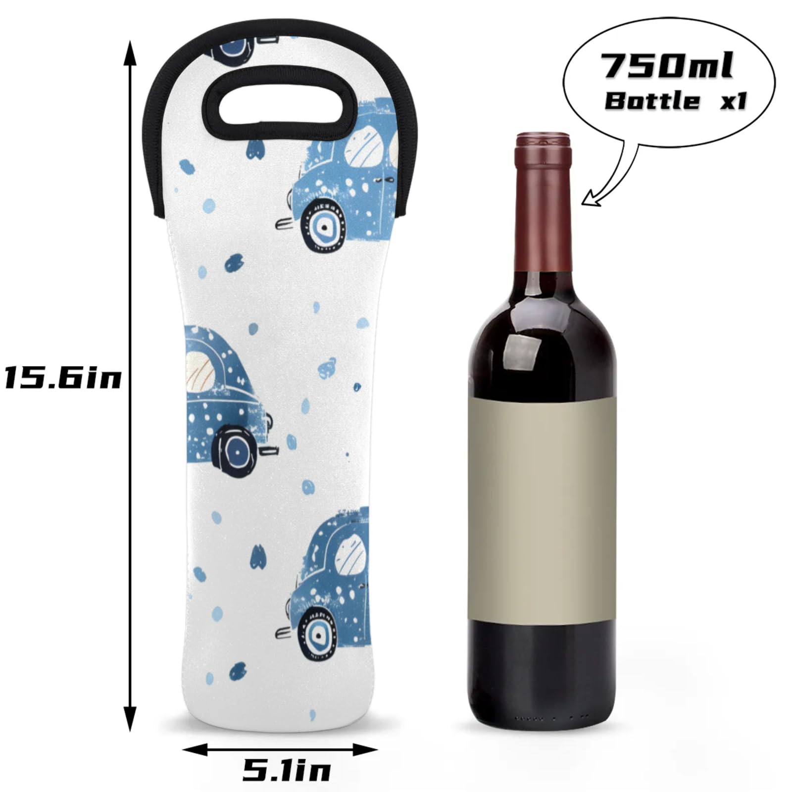 Neoprene Wine Tote Carrier Bag for Wine,Water, Champagne, Beer, Baby Bottles 15.6 x 5.1 Inches, Protective Wine Bag,Blue Cars