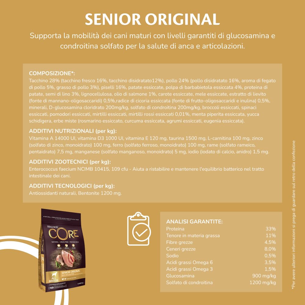 Wellness CORE Senior 10 kg, Pollo & Tacchino – Crocchette Per Cani | Cibo Secco Per Cani Anziani, Senza cereali, Naturale, Ipoallergenico, Ricco di Proteine e Carne, Fianchi e Articolazioni