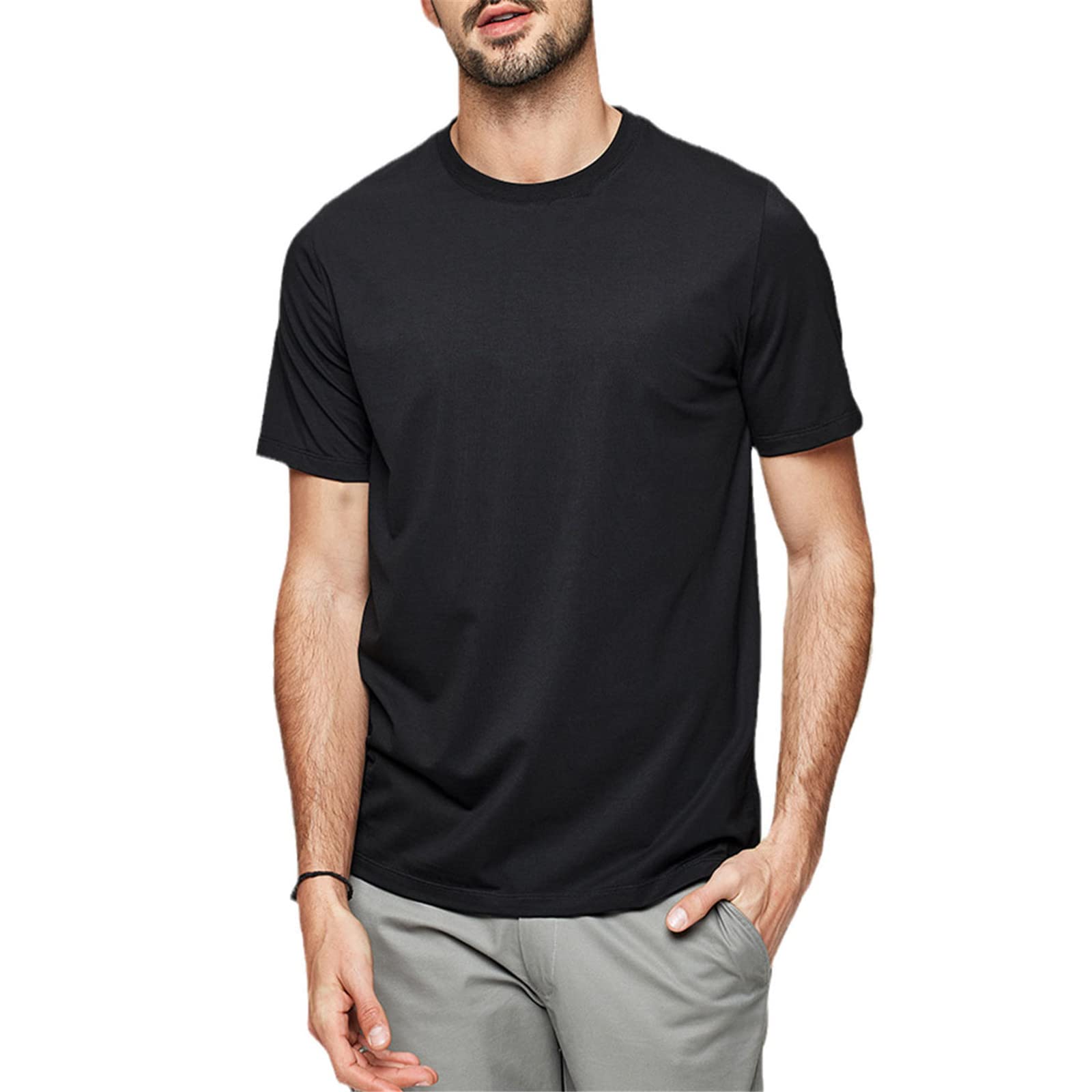 Kelsiop Camiseta de algodón de manga corta para hombre, ajuste delgado, color sólido, cuello redondo, elástico