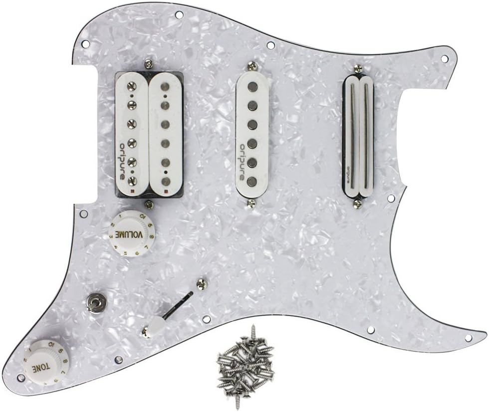 OriPure 11 Hole Loaded Prewired Pickguard SSH with Dual Rail/Single Coil/Humbucker Alnico 5 Pickups Set for Fender Stratocaster Style Guitar, 4Ply White Pearl