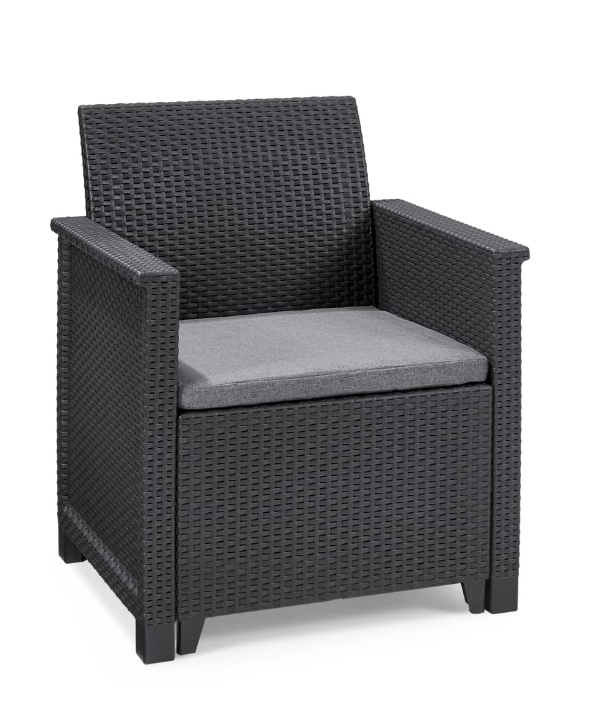 Keter Emma Balcony Set - Mobile da esterno composto da due poltrone con cuscini e tavolino contenitore, grafite