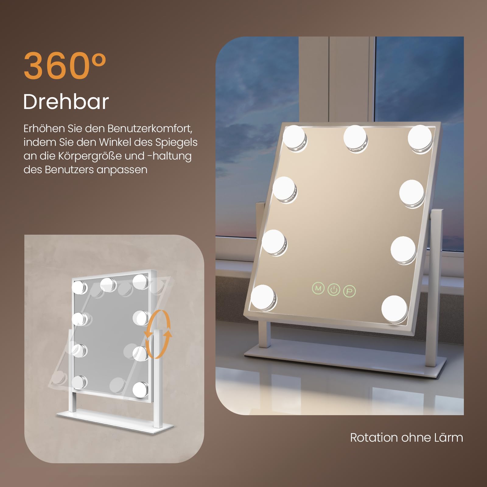 EMKE Hollywood Schminkspiegel mit Beleuchtung 30x41 cm Weiß, dimmbar | 360 Grad drehbar, 9 LED Lampen, 3 Lichtfarben, Speicherfunktion, Kosmetikspiegel für Schminktisch
