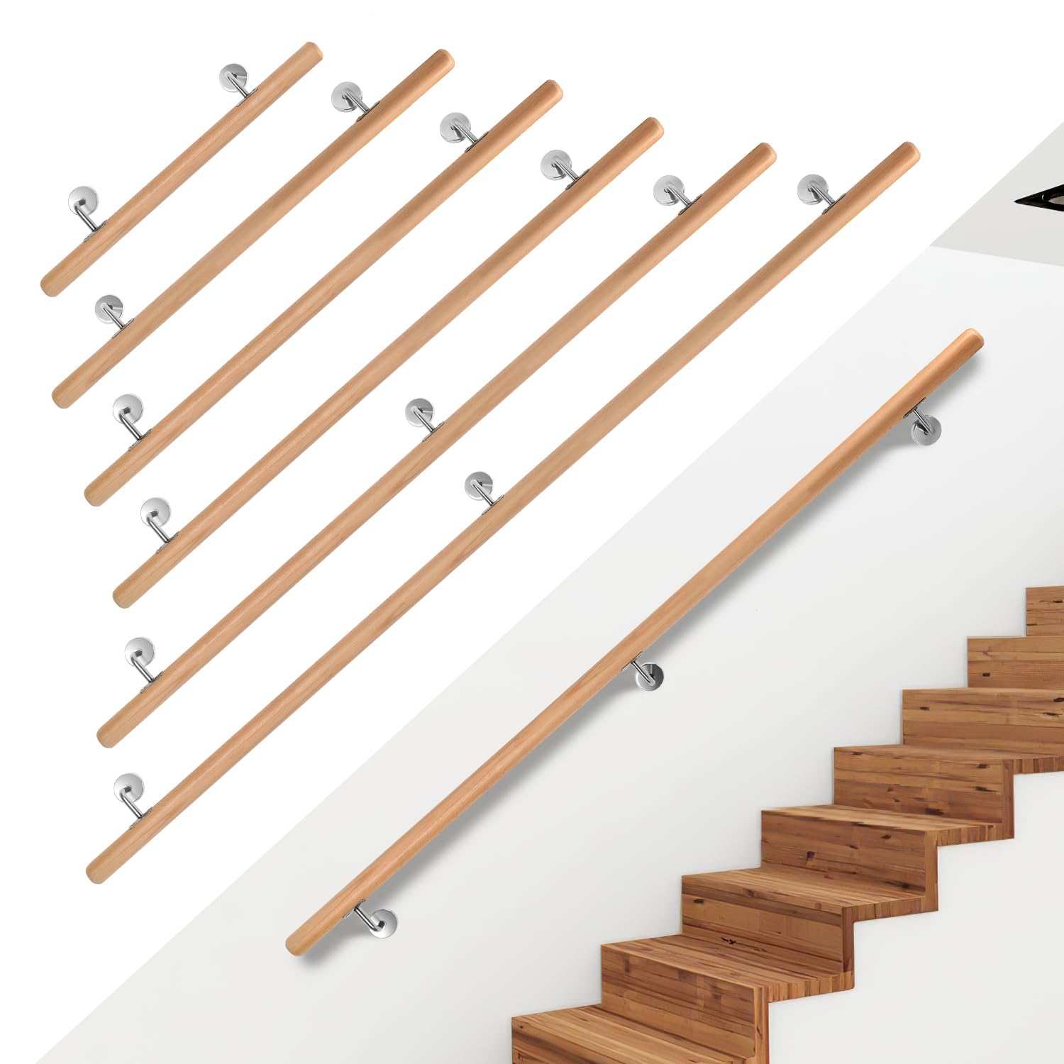 Ikodm Barandilla para escaleras, madera de haya, 100 cm, diámetro de 42 mm, barandilla para escaleras, pasamanos de pared, montaje lateral con soportes de pared, material de montaje