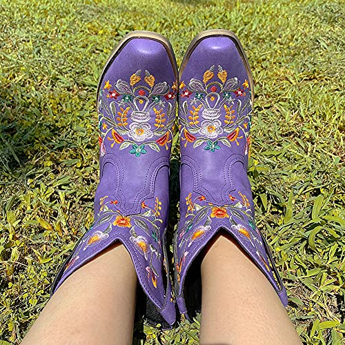 Femflame Women's High Heel Ankle Boots Vintage Cowboy Mid Calf Boots With Zipper Pointed Toe Embroidery Flower Chunky Heel Boots #TOP4