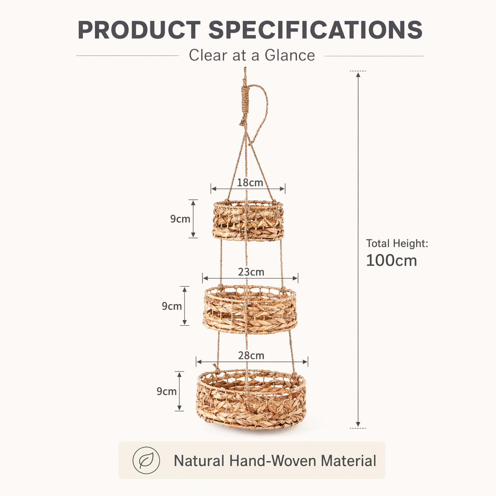3-stöckiger Obstkorb zum Aufhängen, 3 Körben Aus Wasserhyazinthe, Wandregal aus 100% natürlichem Material, Platzsparende Hängekörbe für Küche, Gesamthöhe 100cm, Für Obst, Gemüse & Snacks
