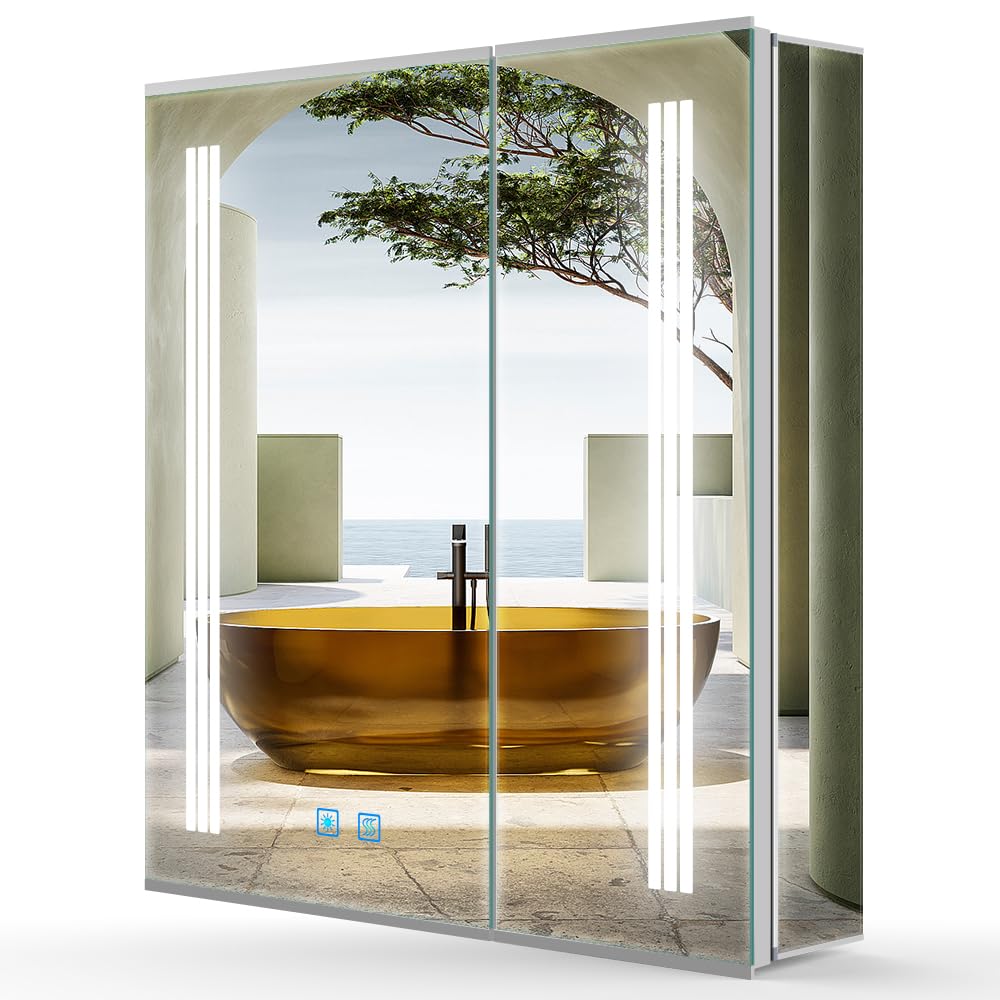 Bathroom Mirror Cabinets with Lights and Shaver Socket 60x70cm, 2 doors Wall Mounted Illuminated LED Cabinet with Mirror, Anti-fog, Touch Switch, Glass Shelves, Aluminum Silver Frame