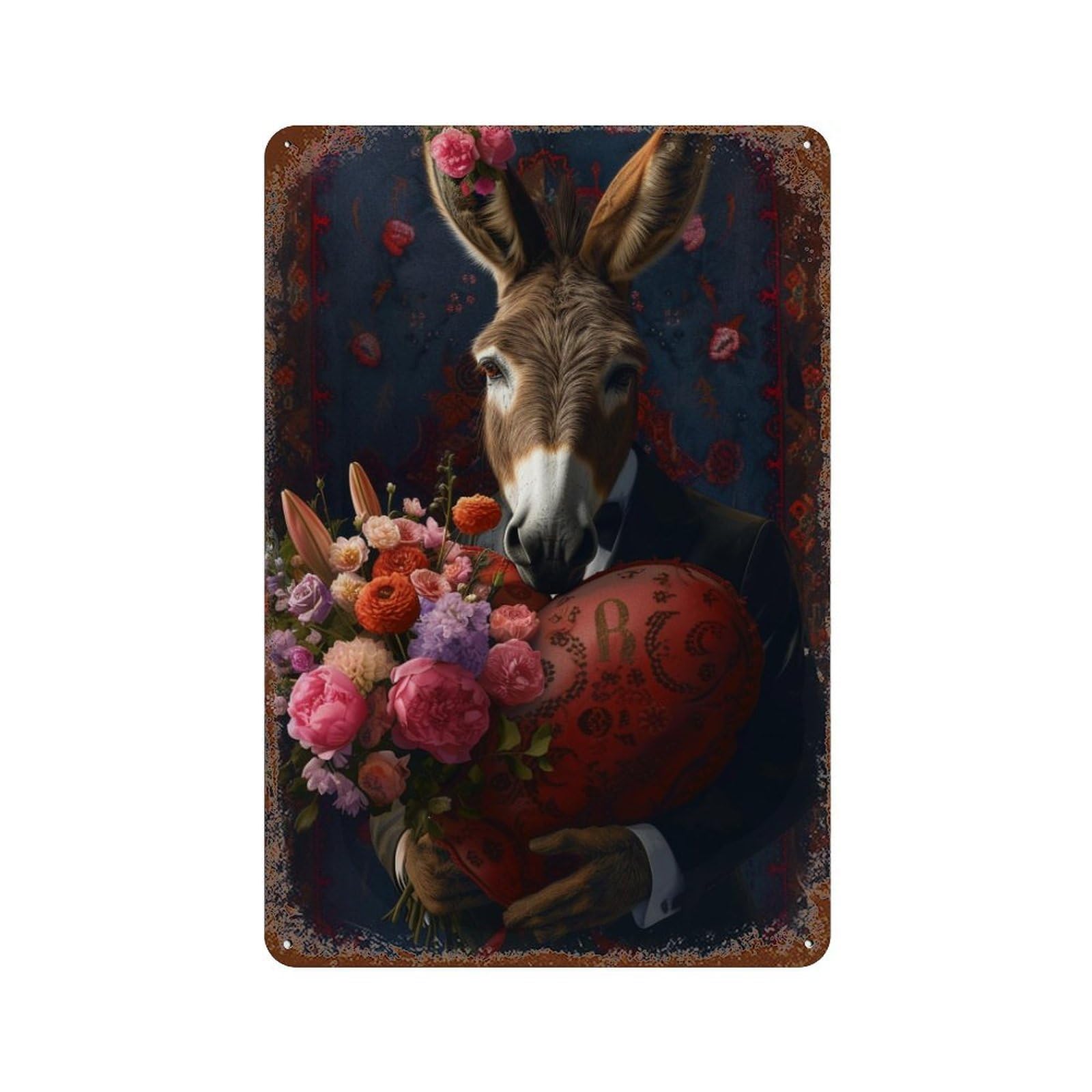 Retro Metal Sign Donkey in Suit Holding Flowers 11.8"x7.9", Decorative Metal Wall Art for Pub, Kitchen And Man Cave Decor
