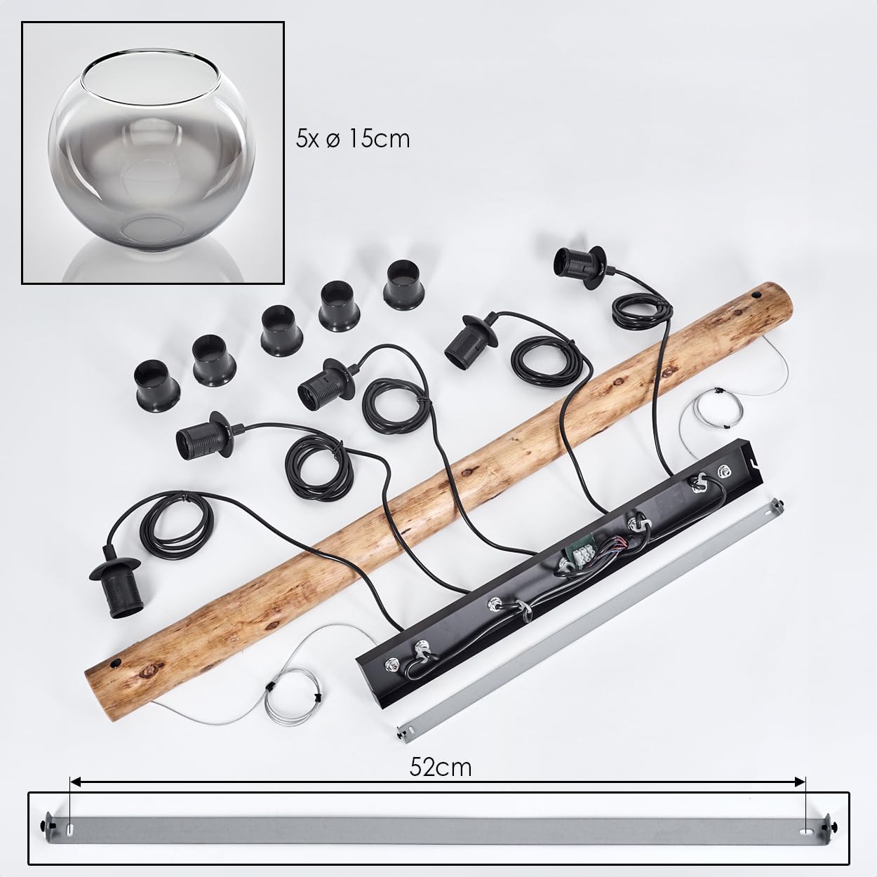 HOFSTEIN Pendelleuchte Koyoto, 5-flammige Hängelampe aus Metall/Holz/Glas in Schwarz/Natur/Chrom/Rauch/Klar, Hängeleuchte mit Glasschirmen und Holzbalken, max. 150cm, E27, Esszimmer, Wohnzimmer, Küche