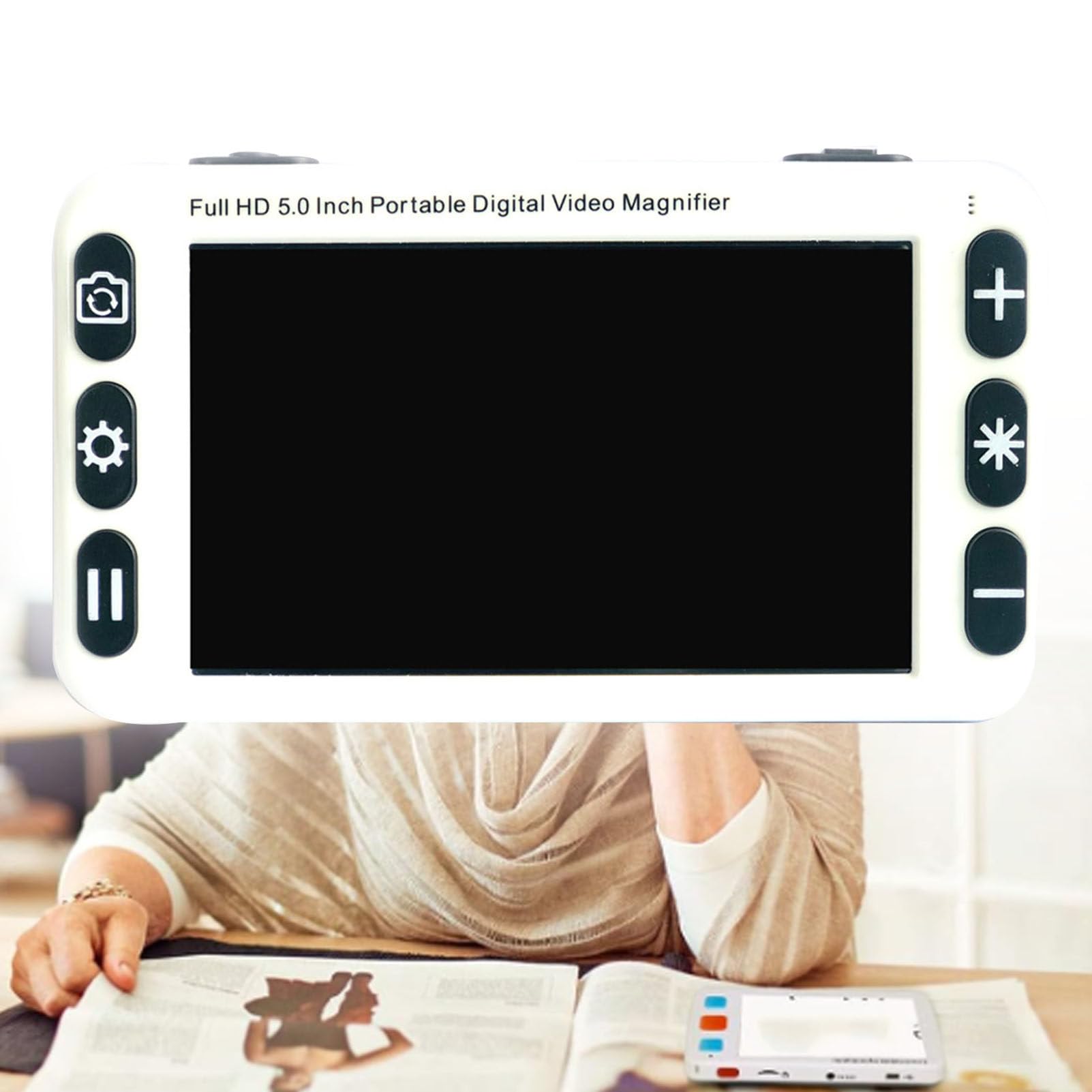 Loupe numérique portable de 5,0 pouces, zoom 2X-48X, aide à la lecture électronique avec poignée pliable, 26 modes de couleur pour malvoyants/seniors/enfants, idéale pour une lecture rapide,White