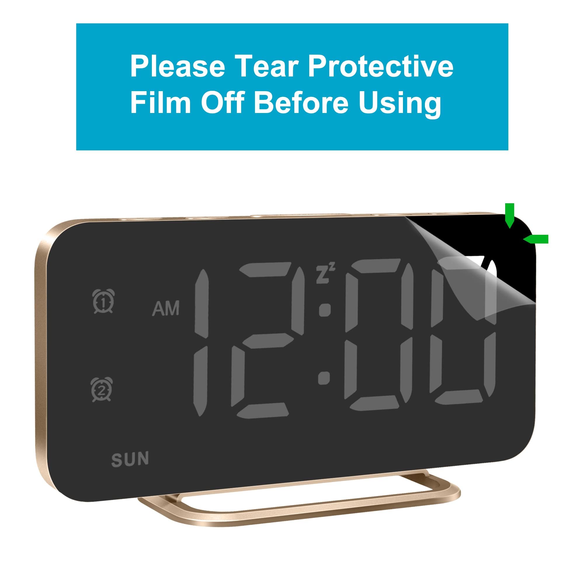 JALL Despertador digital LED delgado con superficie de espejo con función de atenuación, pantalla grande, fácil ajuste y puertos de carga USB