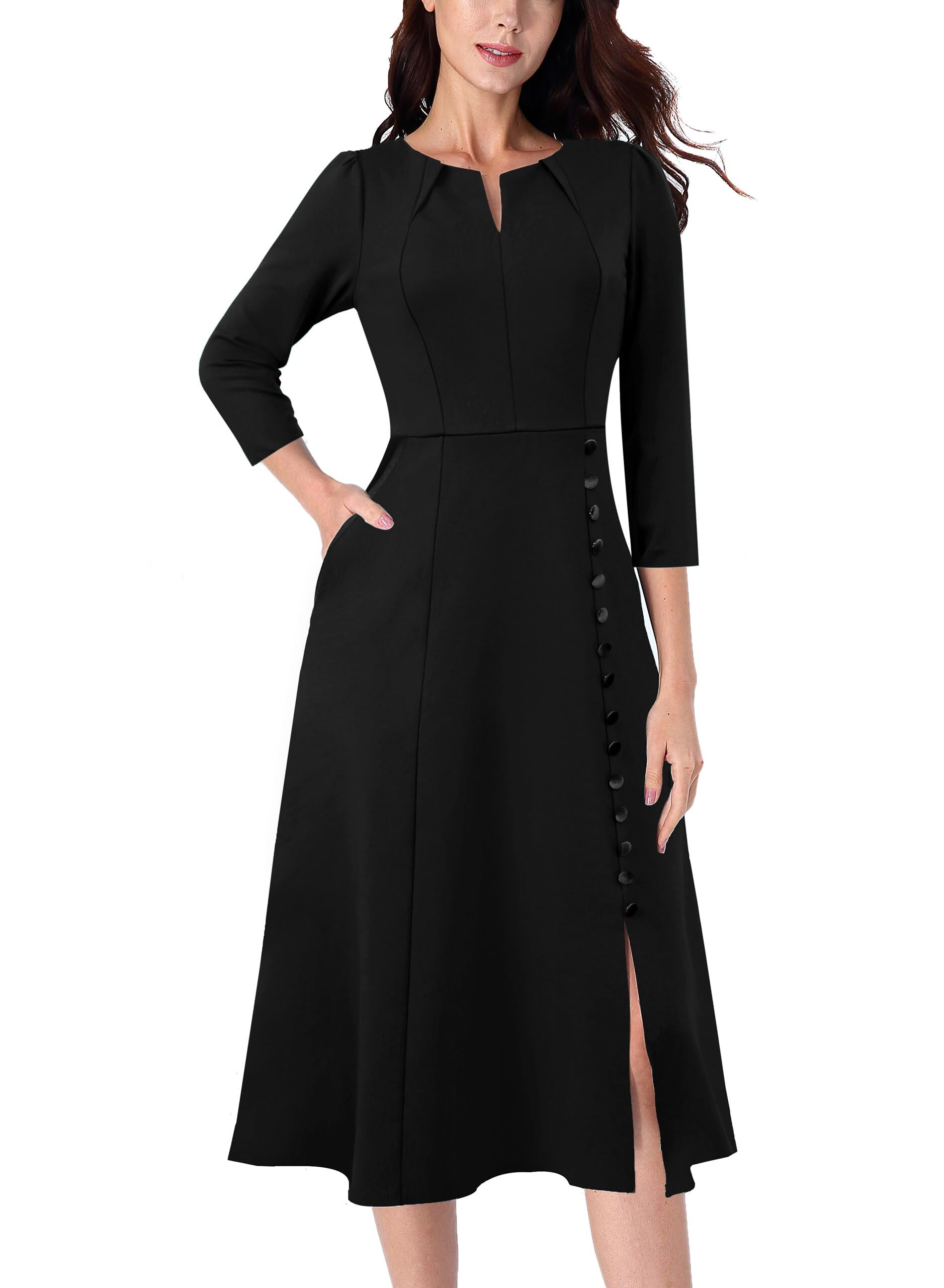 VFSHOW Womens Pleated Notch V Neck Front Slit Buttons Pockets Office Business Work Slim A-line Fit and Flare Midi Dress