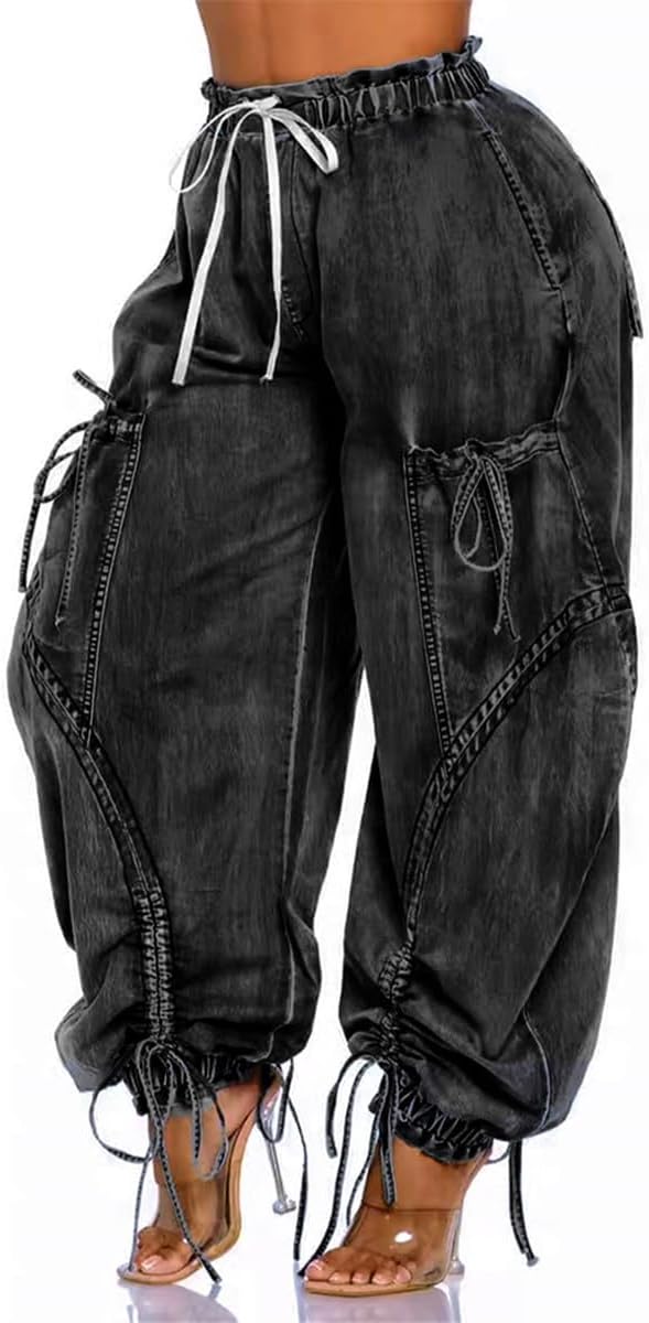 Tbahhir Baggy Cargo Jeans for Women High Waist Wide Leg Denim Pants Loose Harem Drawstring Jogger Sweatpants Trousers - Image 2