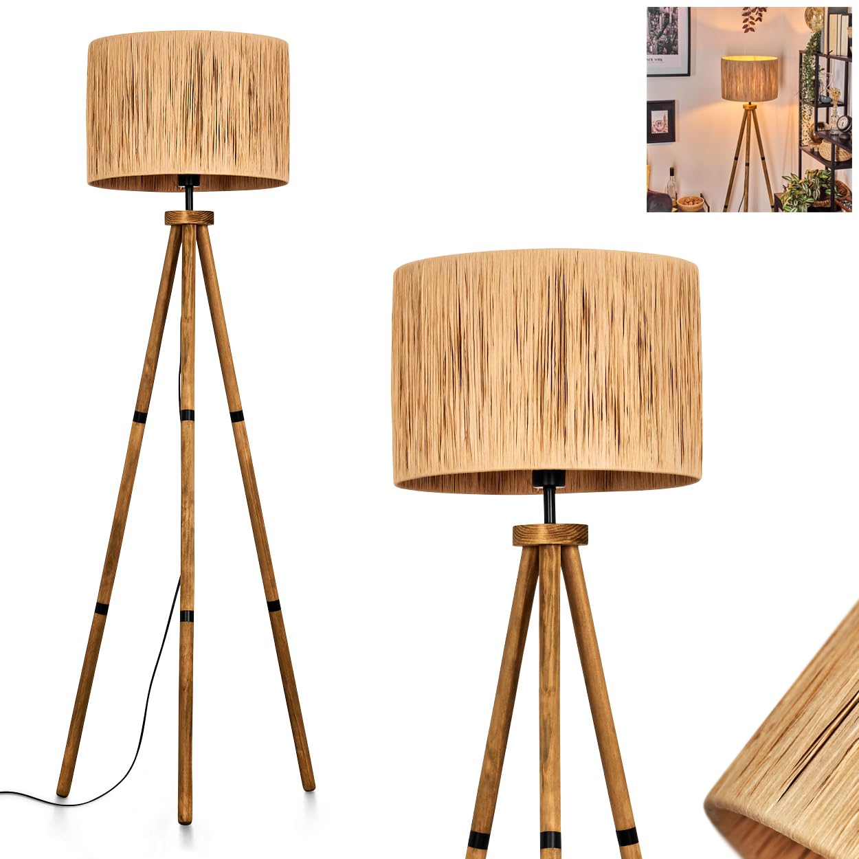 Lámpara de pie Granja, lámpara de pie de madera/rafia en colores naturales, lámpara de diseño escandinavo con pantalla redonda (Ø 50 cm) y interruptor de pie, altura 162 cm, 1 x E27, sin bombilla