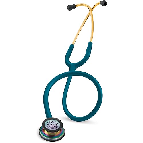 3M Littmann Classic III Monitoring Stethoscope, 5807, More Than 2X as Loud, Weighs Less, Stainless Steel Rainbow-Finish Chestpiece, 27" Caribbean Blue Tube, Brass Stem and Headset