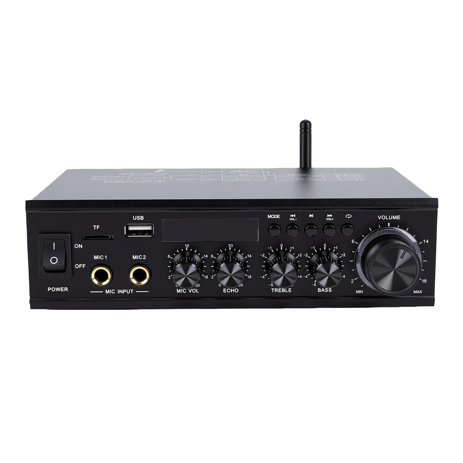 Luocute 2,1 Kanal Bluetooth Verstärker, Receiver mit Optischem und Koaxialem Eingang for Heimkino und HiFi (EU-Stecker) | Unterstützt TV, PC und DVD, 50W+50W+100W, Alu, USB/SD, 2 Mikrofonanschlüsse