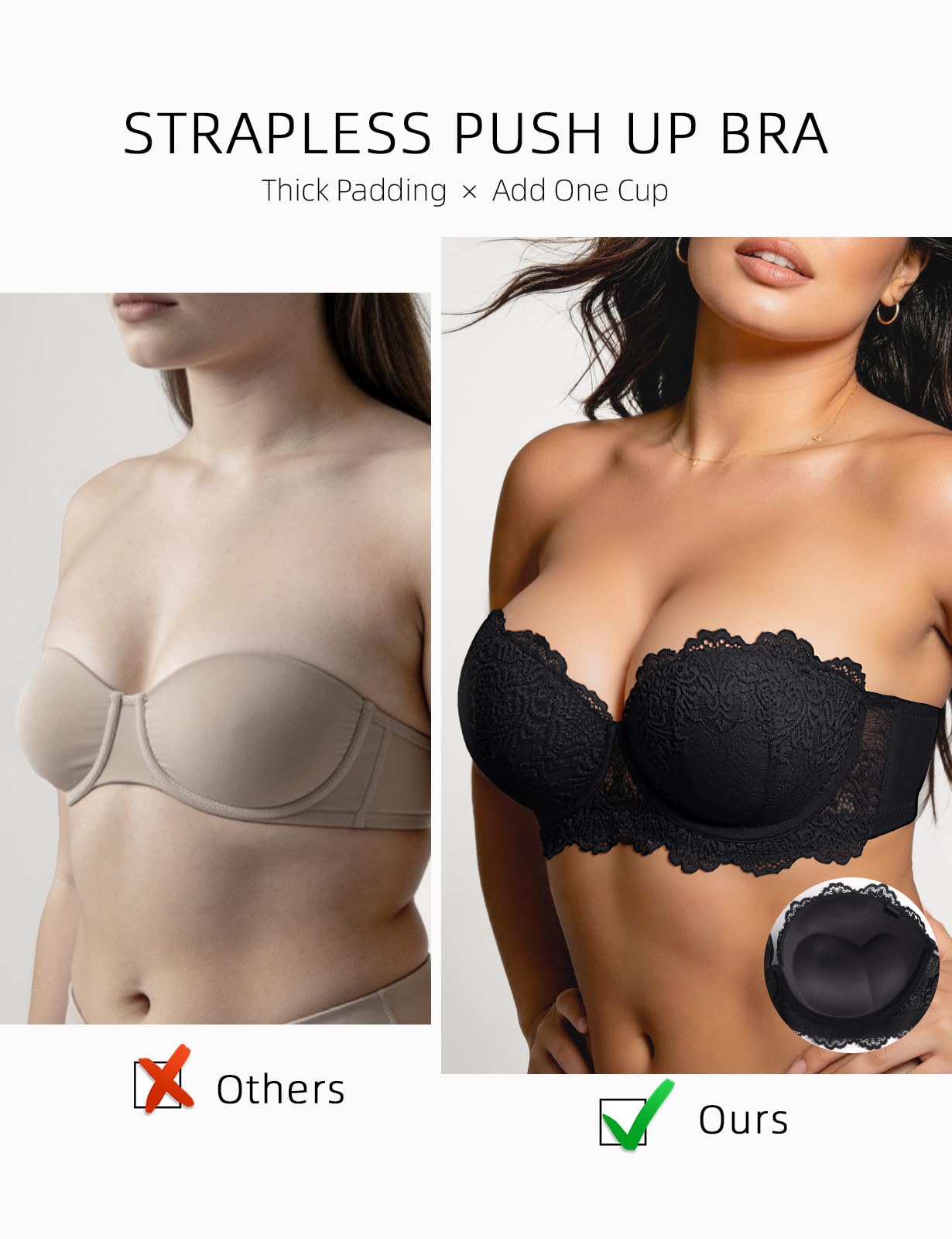 Trägerloser Push-Up-BH mit transparenten Trägern, stark gepolstert, 2 Körbchen, sexy Spitze, Balconette