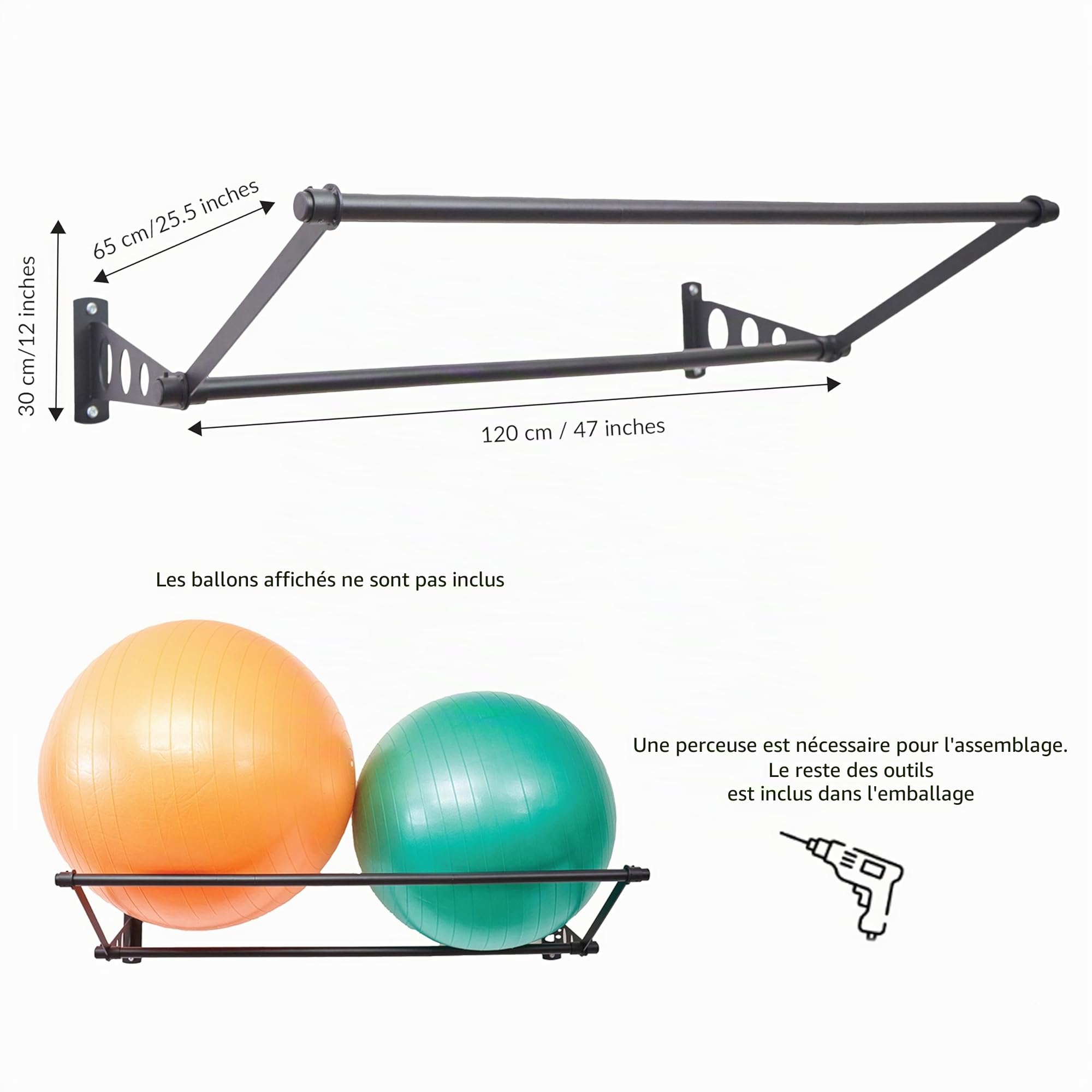 Support Pour Ballons D'exercice | Organisez Vous | Mural De Yoga | Support Pour Ballons De Fitness Stabilité | Pour Gym, Studios, Gym À Domicile | Noir Mat