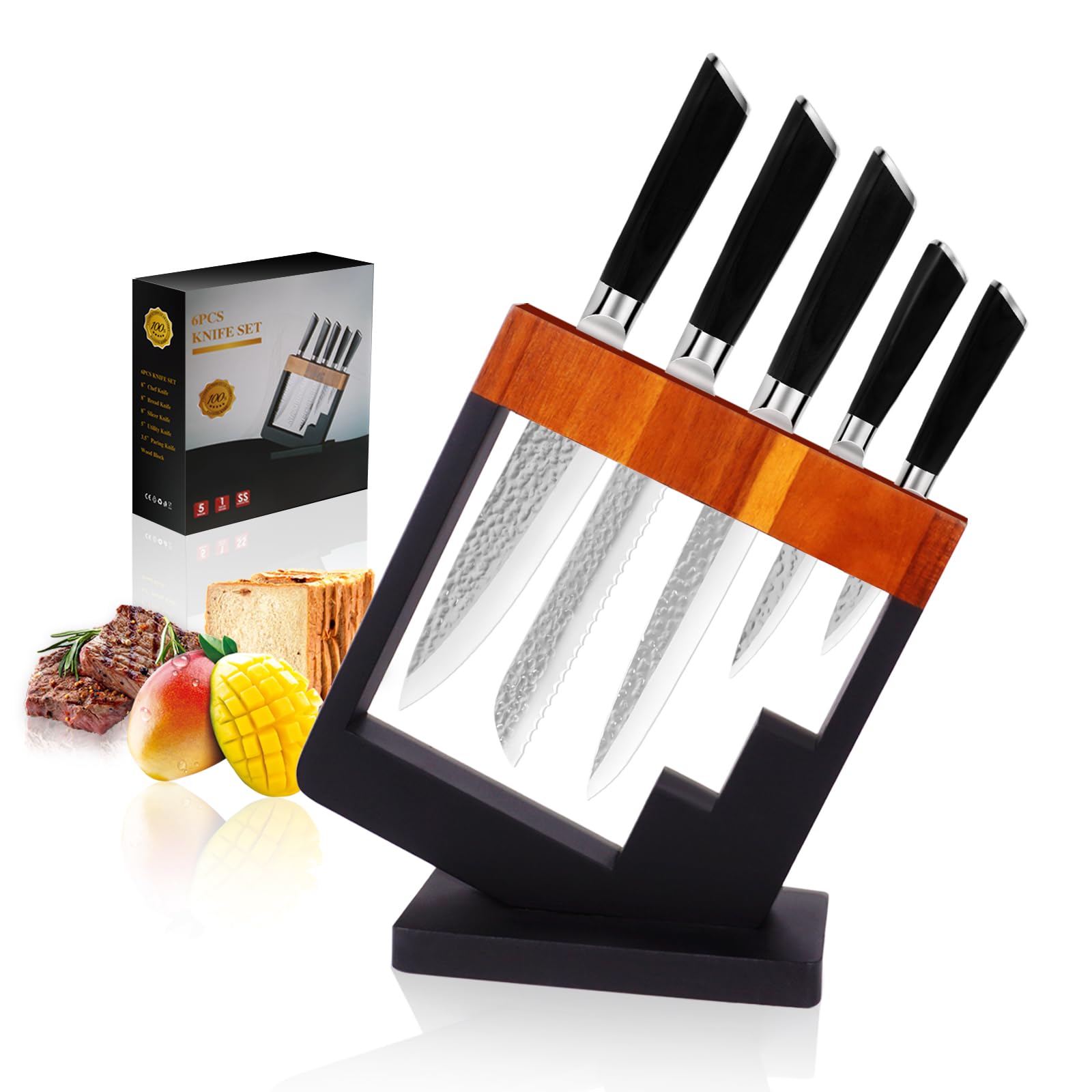 5-Piece Kitchen Knife Set with Block - Stainless Steel Sharp Blade Wooden Handle Knifes Holder Bread Fruit Meat