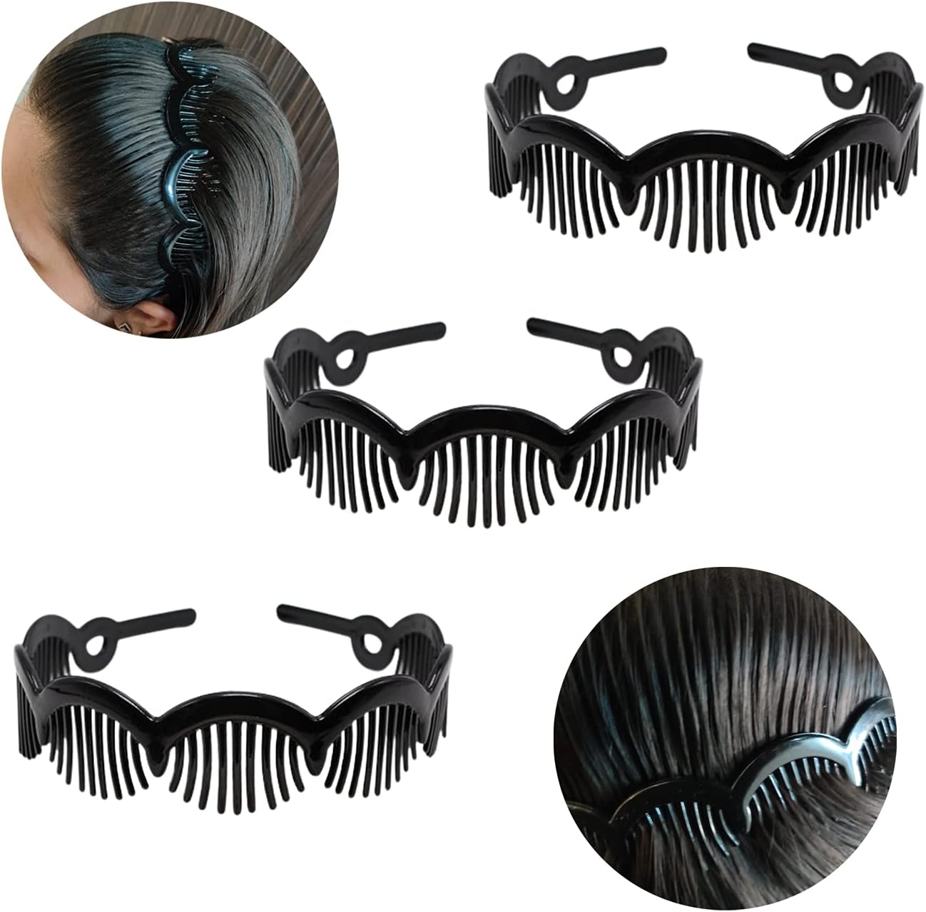 Evogirl Headband Plastic Good Grip Curve Waves Jaw GripTooth Black for Men/Women/Girls,3 Pk