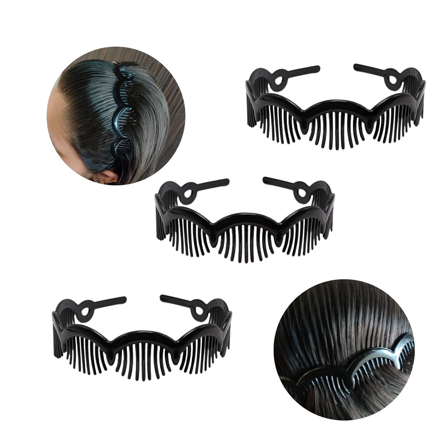 Evogirl Headband Plastic Good Grip Curve Waves Jaw GripTooth Black for Men/Women/Girls,3 Pk