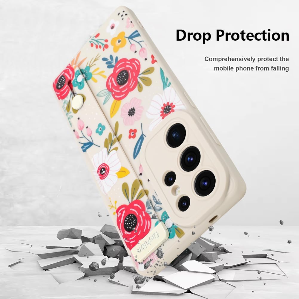 Case for Samsung Galaxy S25 Ultra 6.9 inch 2025 Released, Silicone Case with Strap for Women Girls Cute Floral Flowers Adjustable Wristband Kicktand Cover for S25 Ultra, Beige Blossom - Image 4