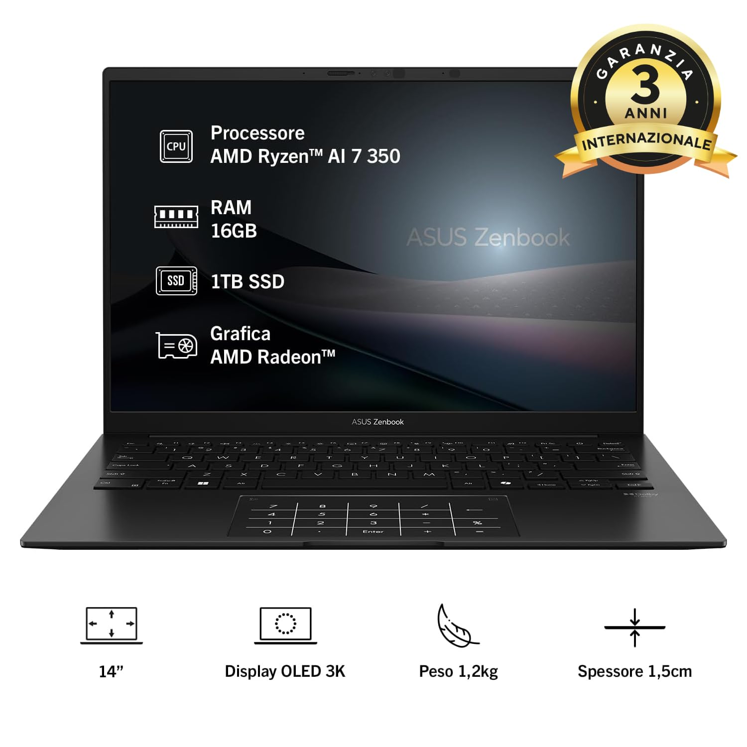 ASUS Zenbook 14 UM3406KA#B0F13WM6JB, Notebook con Monitor da 14" Glossy OLED, 120Hz, AMD Ryzen™ AI 7 350, RAM 16GB, 1TB SSD, Windows 11 Home, Nero