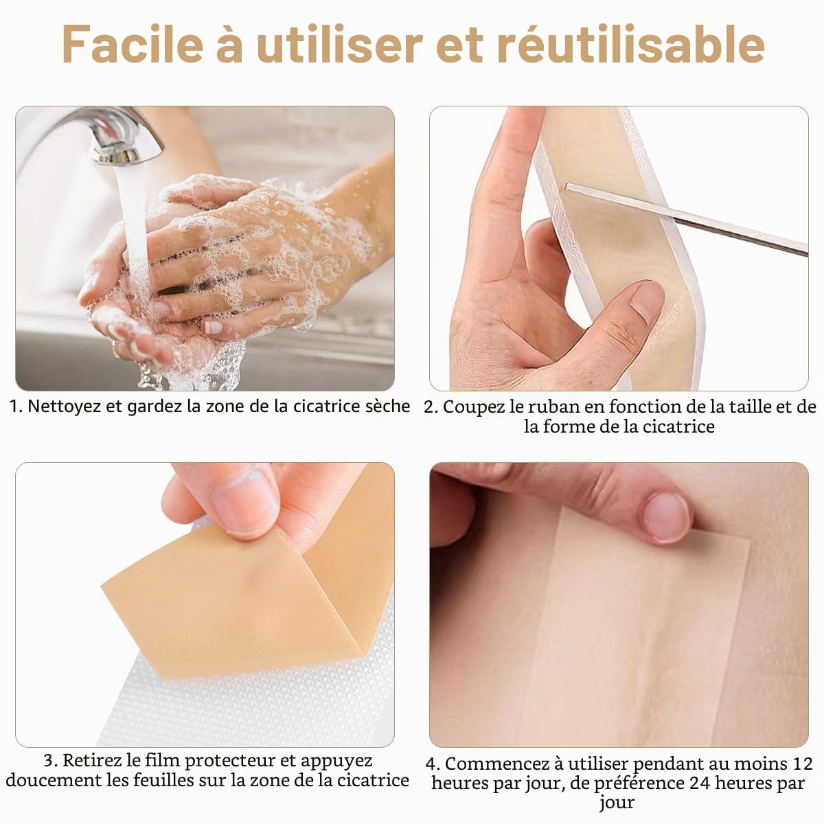 Pansements silicone cicatrice 2 pièces – Pansement cicatrisant pour cicatrices anciennes et récentes – Silicone scar sheets anti-UV, cache cicatrice soleil