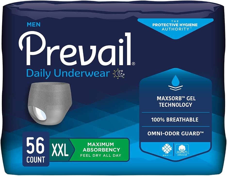 prevail - men's protective underwear - pull-up incontinence underwear - disposable adult diaper - maximum absorbency - 2x large - 56 count (4 packs of 14) xx-large
