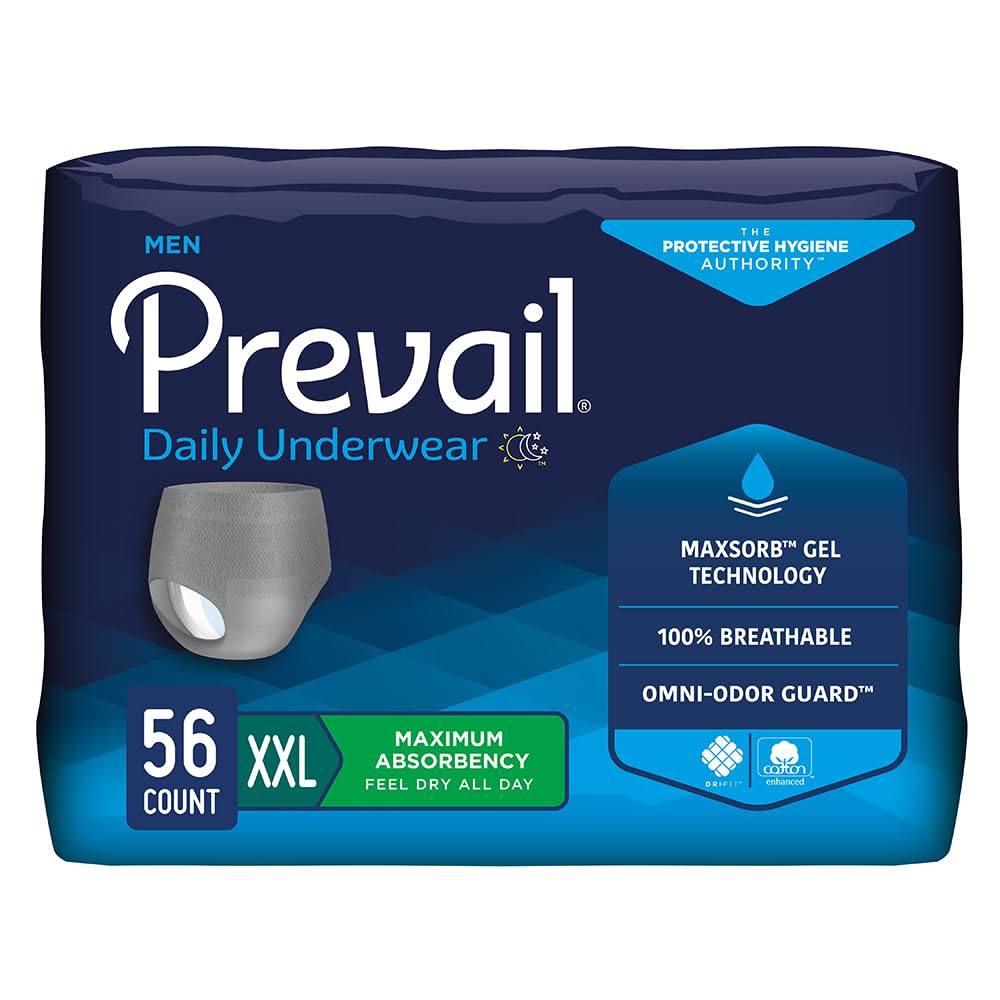 Prevail - Men's Protective Underwear - Pull-up Incontinence Underwear - Disposable Adult Diaper - Maximum Absorbency - 2X Large - 56 Count (4 packs of 14)