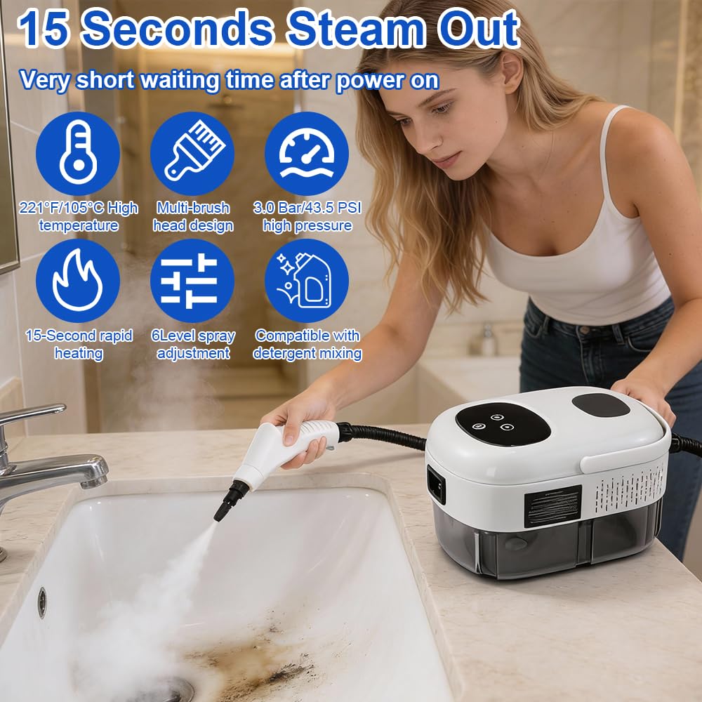 Tragbarer Dampfreiniger, 2500W Dampfreiniger Handgerät, Handdampfreiniger mit 1100ML Wassertank und 3 Bürstenköpfen, Hochdruck Dampfreiniger für Küche, Badezimmer, Auto, Teppiche (Weiß)