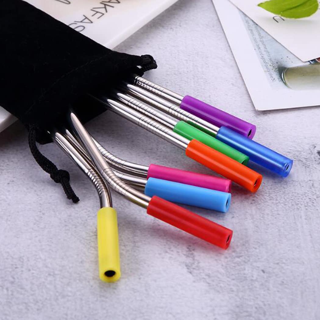 Hoshen Juego De 7 Popotes De Acero Inoxidable Reutilizables De 8.5 Pulgadas Con Punta De Silicona Antiarañazos, Juego De Huesos (3 Rectos/3 Curvos/1 Cepillo/6 Bocas De Silicona), Color Naranja
