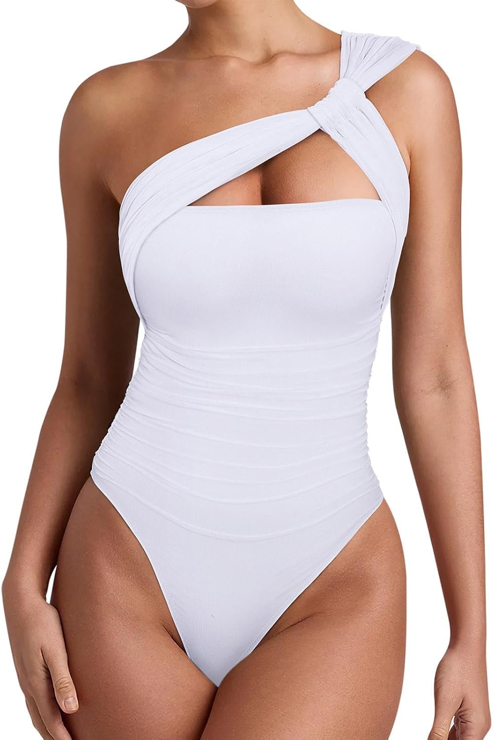 REORIA Womens Sexy One Shoulder Asymmetrical Leopard Print Mesh Ruched Backless Going Out Bodysuits Tops - Image 2